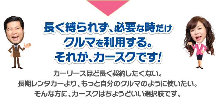 長く縛られず、必要な時だけクルマを利用する。
それが、カースクです!